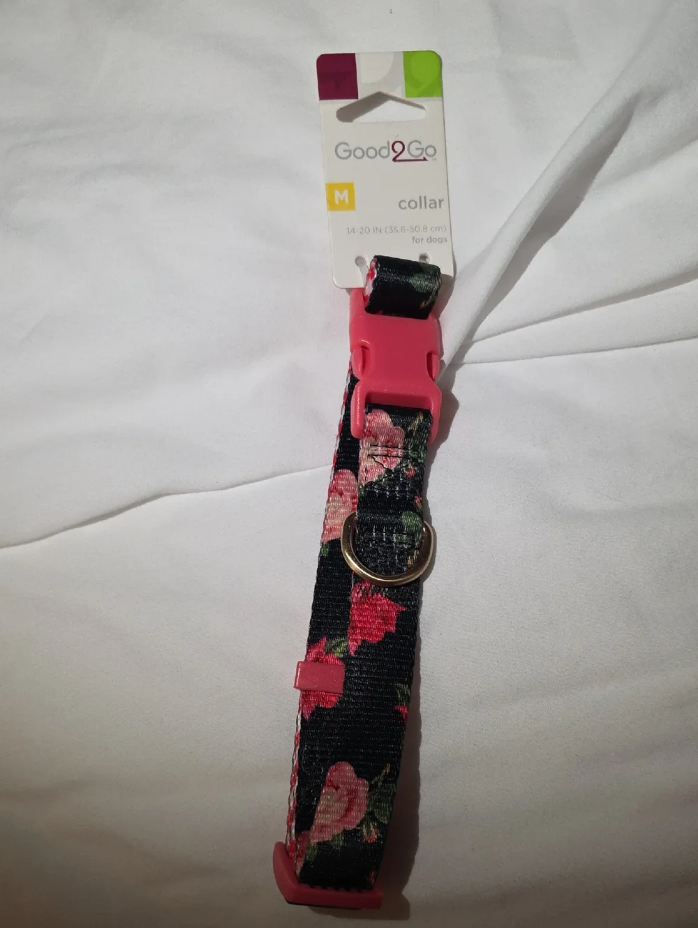 Good2Go Black W Pink Flower Adjustable Dog Collar w Metal D-Ring Size Medium